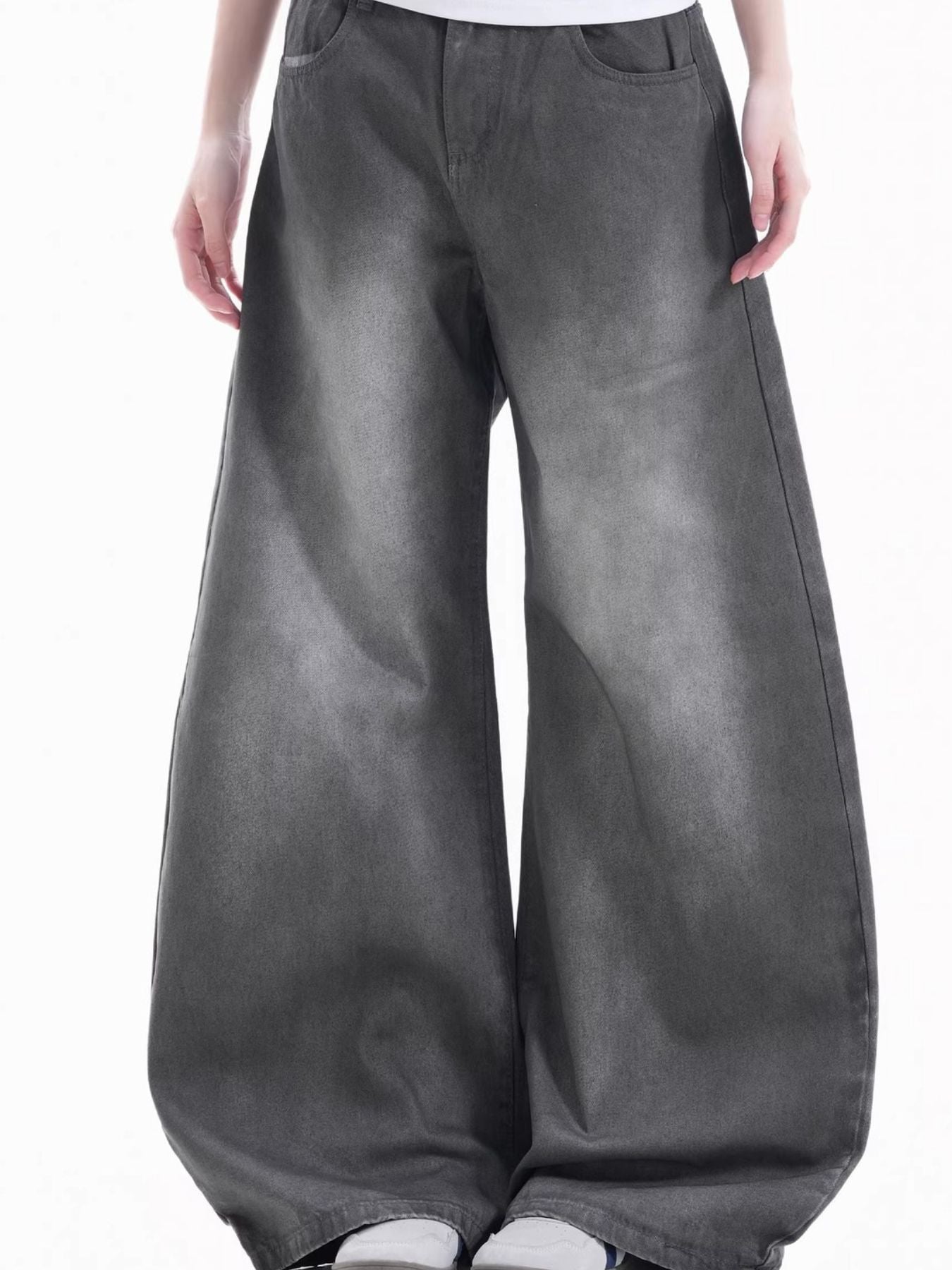 Men's relaxed fit wide-leg jeans in washed grey cotton with a full-length cut.