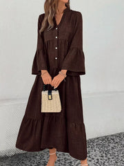 Brown tiered ruffle hem v-neck dress with button front and bell sleeves.