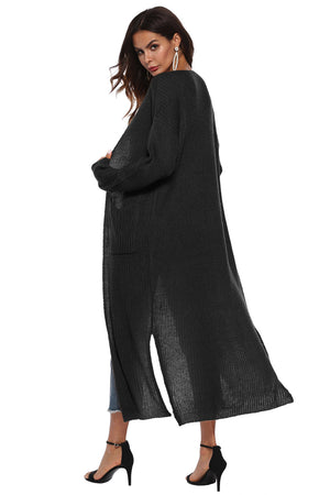 Longline black knit cardigan with side slits and pockets