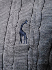 Gray cable knit crewneck sweater with embroidered giraffe detail