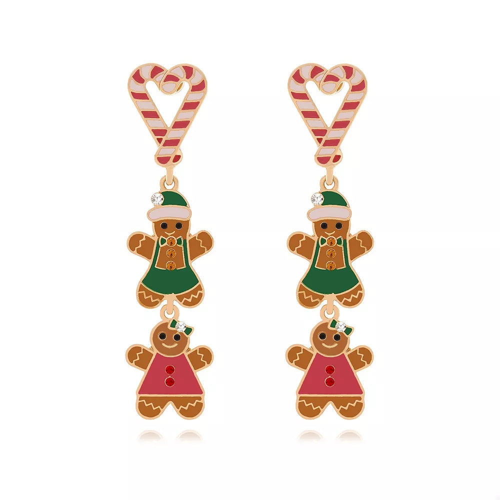 Festive gingerbread man dangle earrings with candy cane tops and red and green outfits.