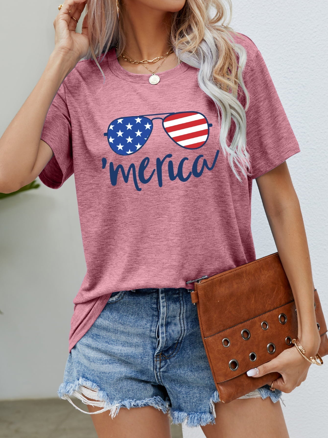 Dusty Pink Aviator Graphic Tee with 'merica script and sunglasses design