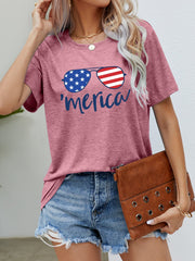 Dusty Pink Aviator Graphic Tee with 'merica script and sunglasses design