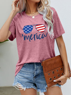 Dusty Pink Aviator Graphic Tee with 'merica script and sunglasses design