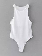 White sleeveless round neck bodysuit with a thong bottom.