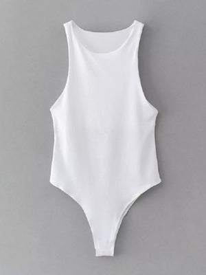 White sleeveless round neck bodysuit with a thong bottom.