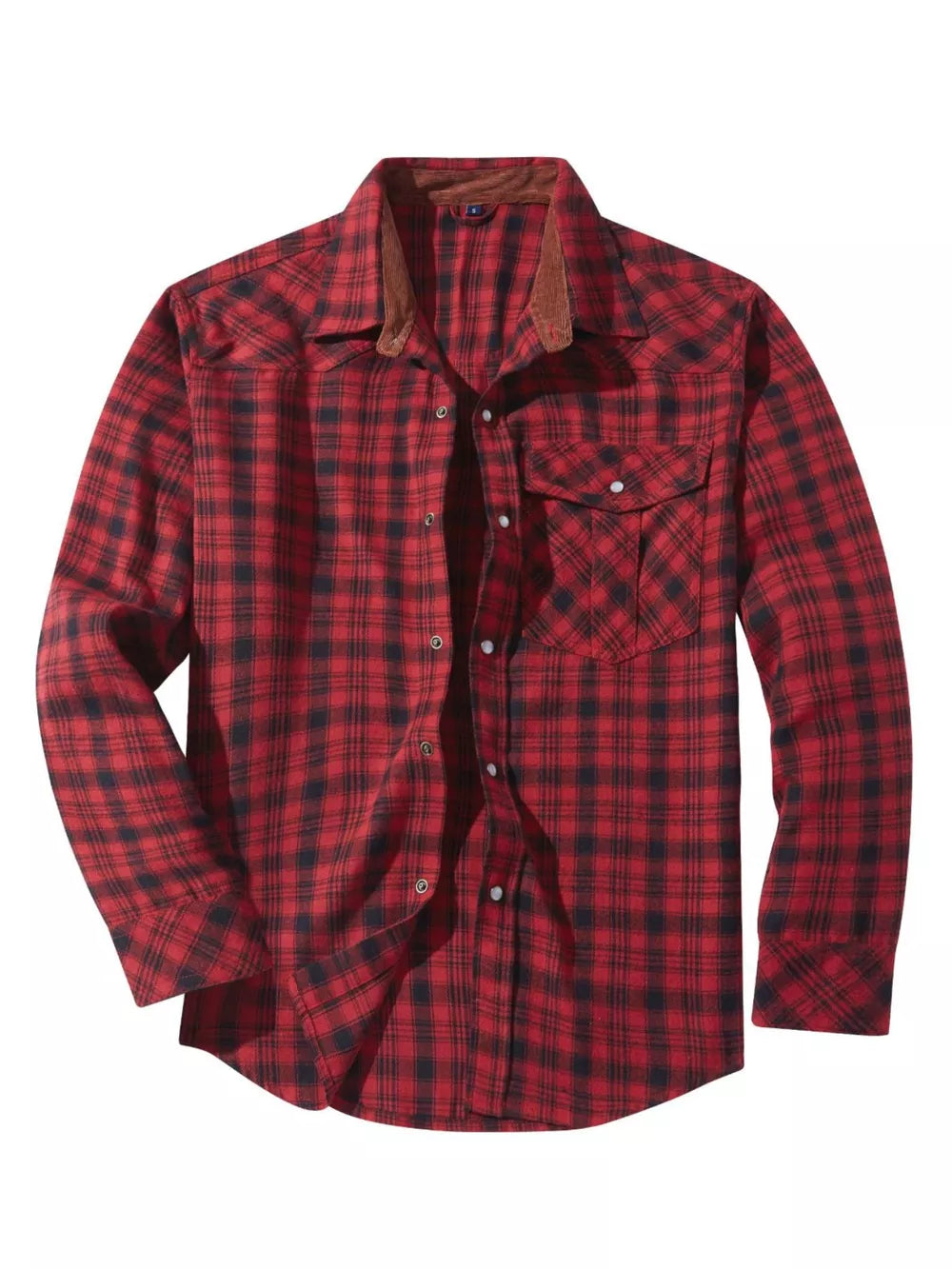 Red plaid cotton button-up shirt with corduroy collar and chest pockets