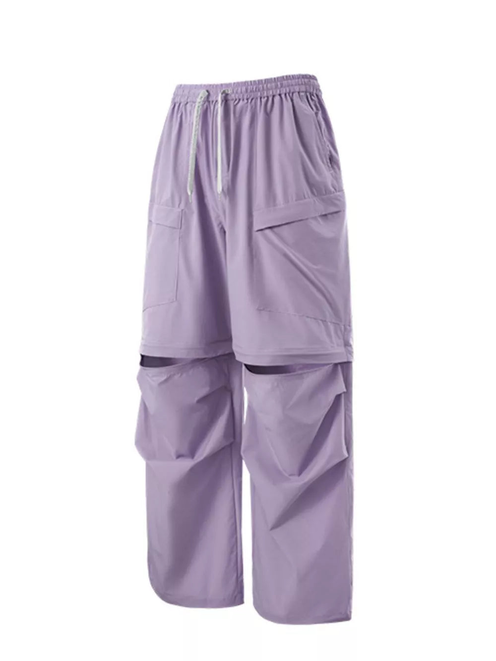 Lilac cargo pants with adjustable drawstring waist and multiple pockets.