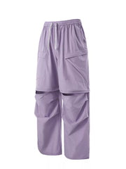Lilac cargo pants with adjustable drawstring waist and multiple pockets.