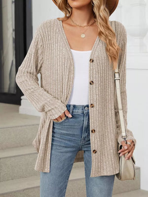 Ribbed Button-up Cardigan in Black with buttoned