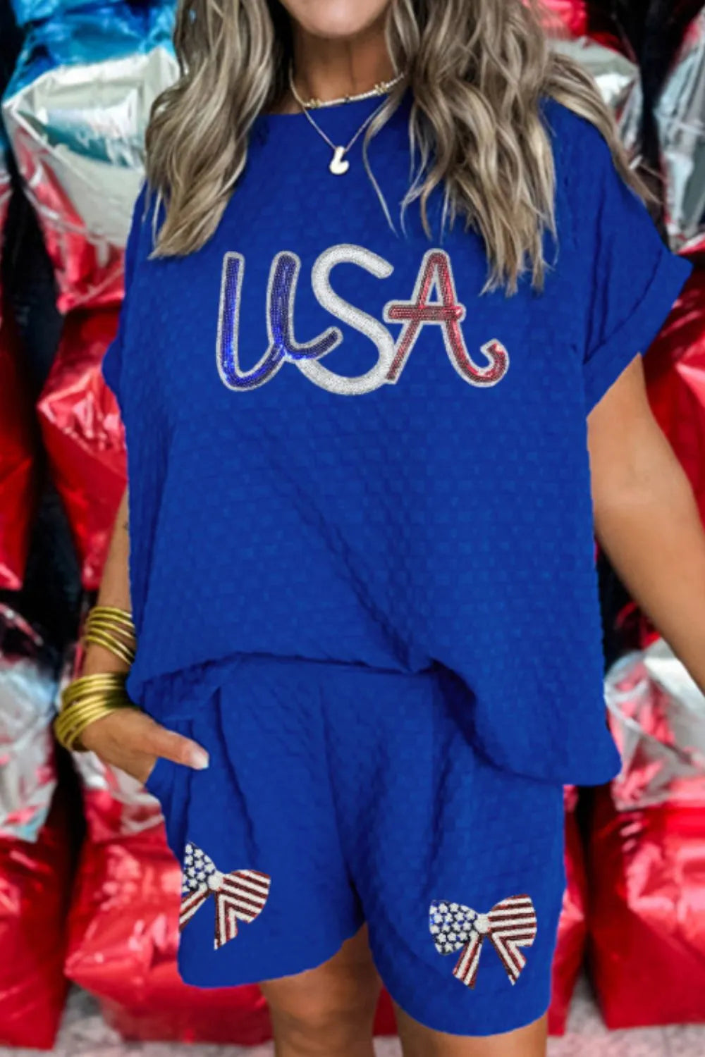 Royal blue textured USA tee and bow shorts set with patriotic bow details