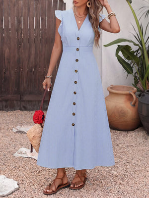 Blue striped midi dress with ruffled sleeves, V-neck, and button front