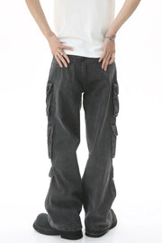 Baggy dark wash denim cargo pants with multiple pockets and pleated details.