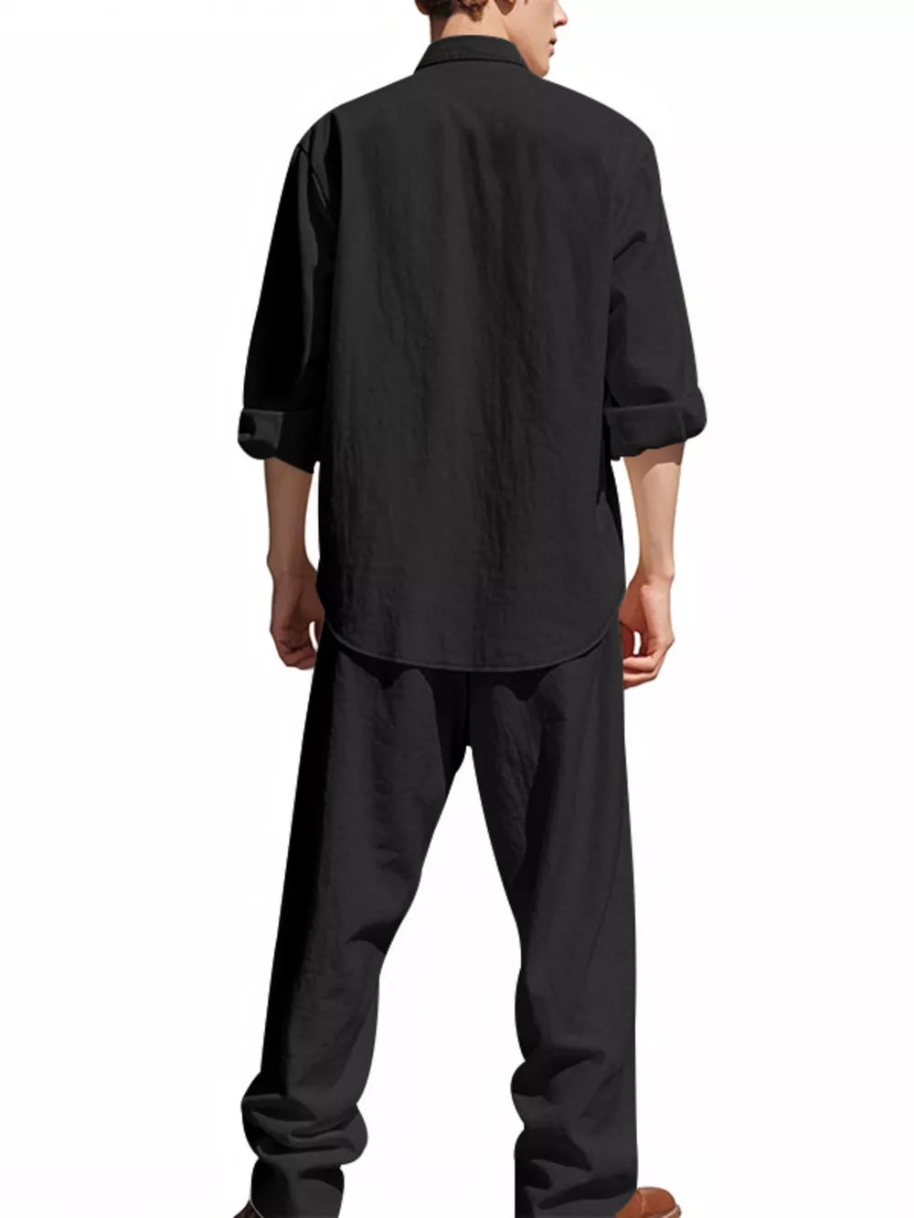 Black linen blend casual two-piece set with rolled sleeve shirt and wide-leg pants.
