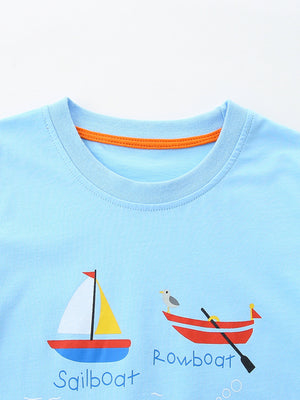 Light blue cotton t-shirt with sailboat and rowboat cartoon print