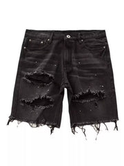 Black distressed denim shorts for men with paint splatters and frayed hem.