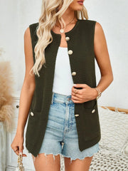 Buttoned knit vest in Black Forest with gold buttons and pocket details.