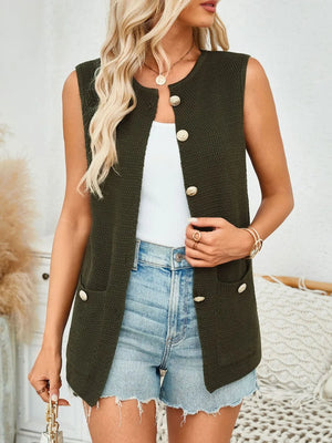 Buttoned knit vest in Black Forest with gold buttons and pocket details.