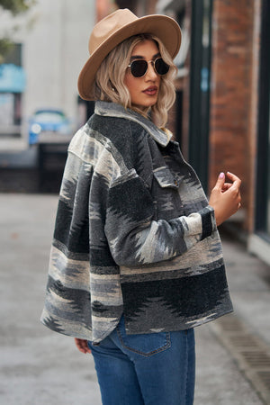 Southwestern print overshirt jacket in dark gray with button front and chest pockets.