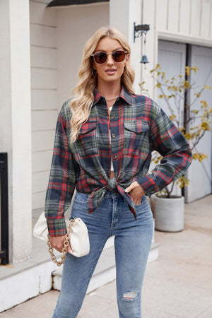 Emerald plaid overshirt with patch pockets and button front, tied at waist.