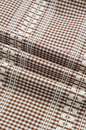 Brown and white gingham polyester shirt with embroidered yoke detail