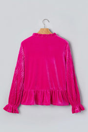 V Neck Velvet Ruffled Cuffs Long Sleeve Top in Hot Pink, model styling view