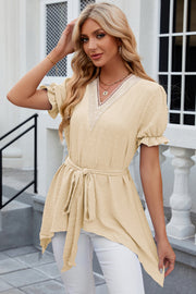 Light Yellow Dotted Swiss Asymmetric Hem Blouse with lace V-neck and tie waist