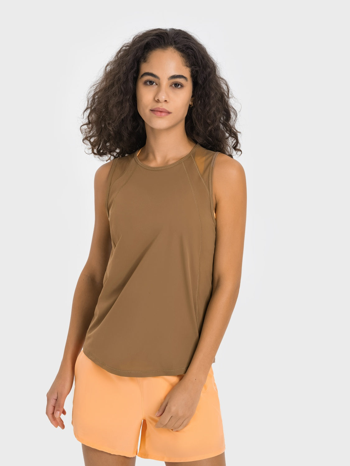 Camel mesh-back performance tank top with round neckline and racerback detail