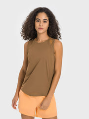 Camel mesh-back performance tank top with round neckline and racerback detail