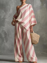 Asymmetrical Striped Top And Wide-leg Pants Set