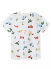 White cotton t-shirt with cartoon cars and dinosaurs print for kids