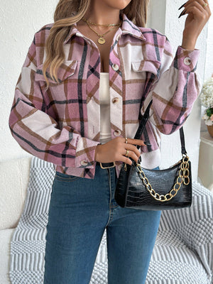 Cropped plaid shacket in dusty pink with gathered sleeves and buttoned pockets.