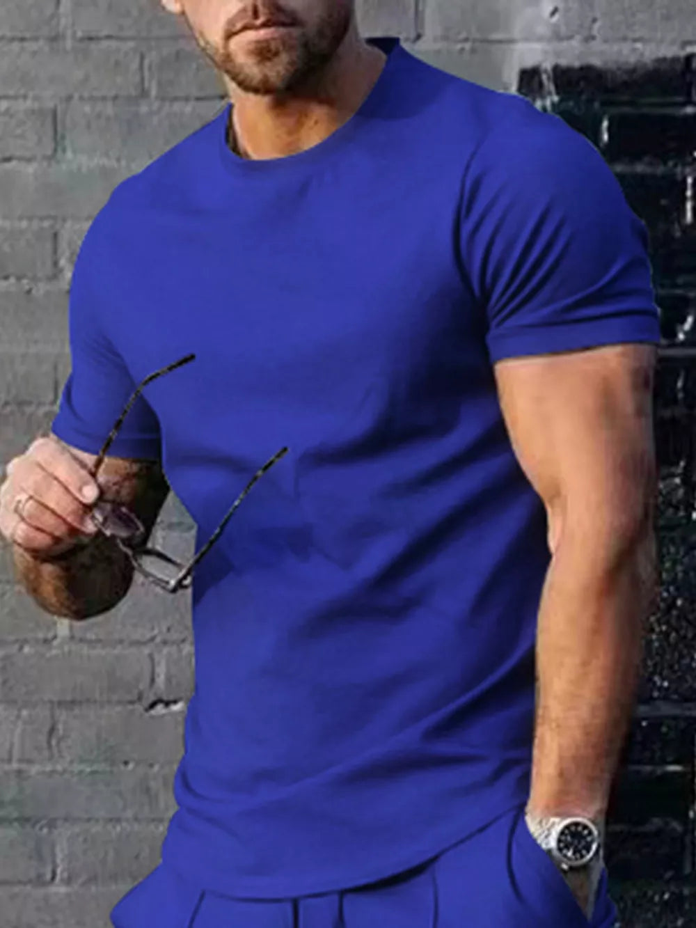 Men's Sapphire Blue crew neck t-shirt, short sleeves, cotton blend, basic style.