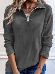 Dark gray ribbed knit quarter-zip pullover sweater with a relaxed fit and silver zipper detail.