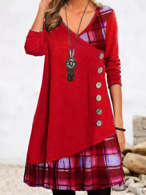 Asymmetrical Plaid Patchwork Long Sleeve Dress in Black, fit detail