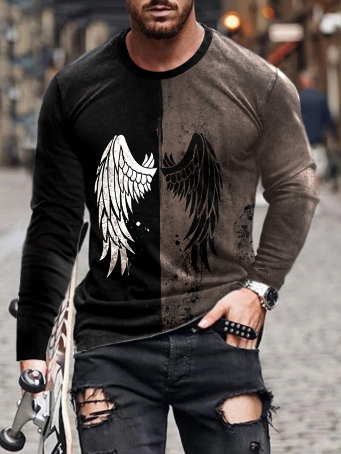 Men's Full Size Split-color Wing Graphic Long-sleeve T-shirt in Burgundy, model styling view