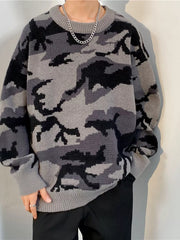 Men's Plus Size Camouflage Round Neck Sweater in Gray, front view