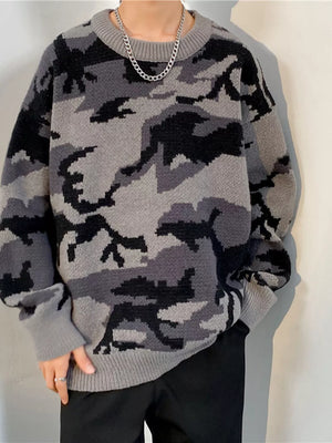 Men's Plus Size Camouflage Round Neck Sweater in Gray, front view