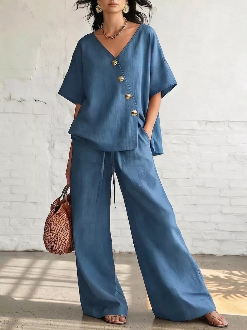 Full Size Surplice Half Sleeve Top And Wide-leg Pants Set, close-up detail