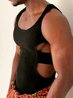 Black ribbed tank top with side cutouts and strap detail