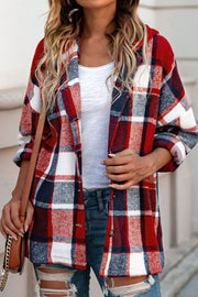 Plaid hooded shacket in red, white, and navy, featuring a relaxed fit and button front.