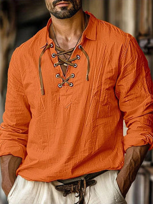 Orange cotton lace-up v-neck men's undershirt with a textured weave.