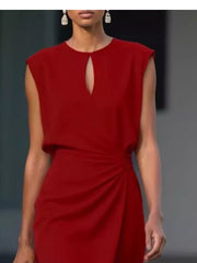 Burgundy ruched dress with keyhole neckline and sleeveless design.