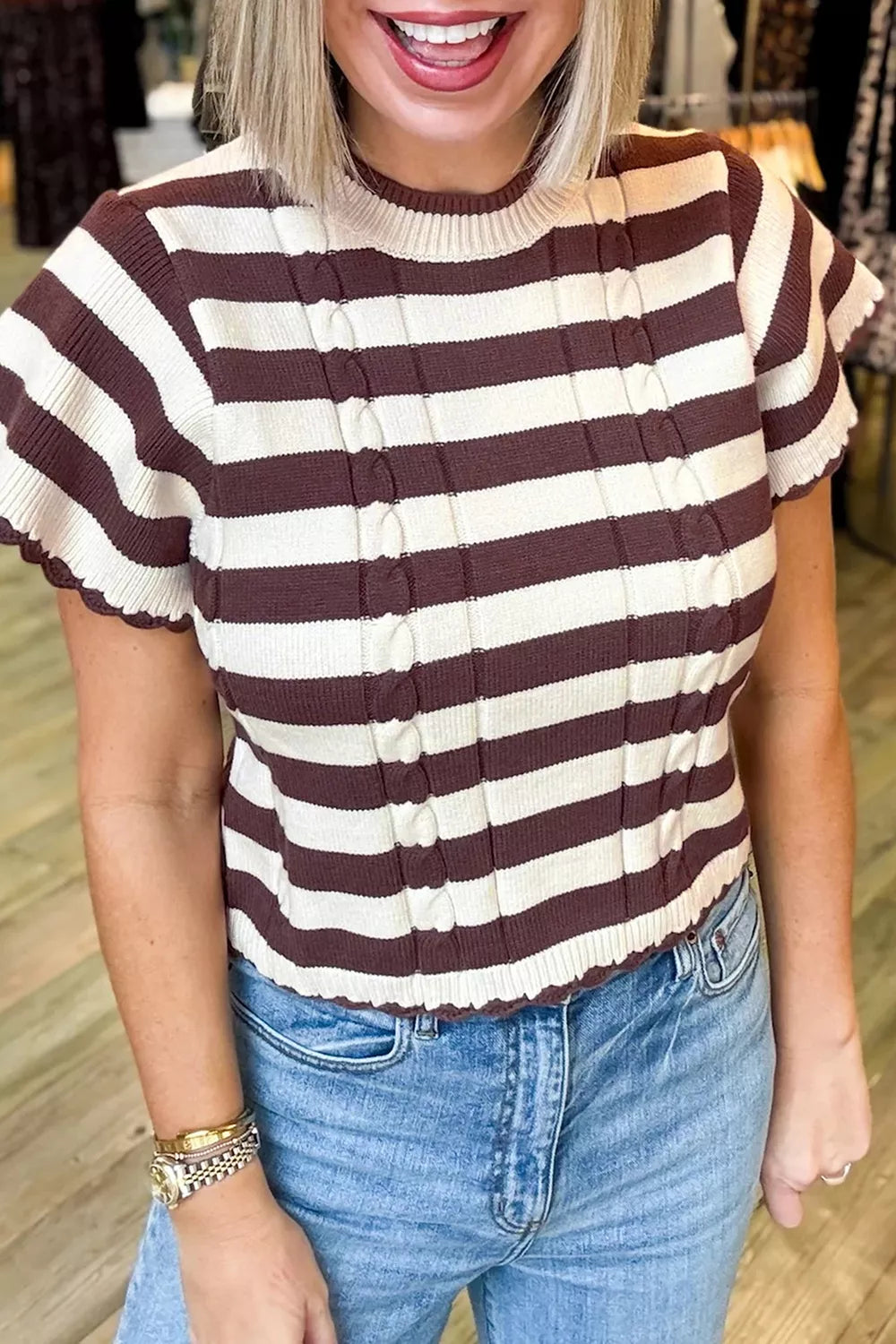 Striped Ribbed Cable Knit Short Sleeve Sweater in Brown, side view