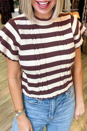 Striped Ribbed Cable Knit Short Sleeve Sweater in Brown, side view