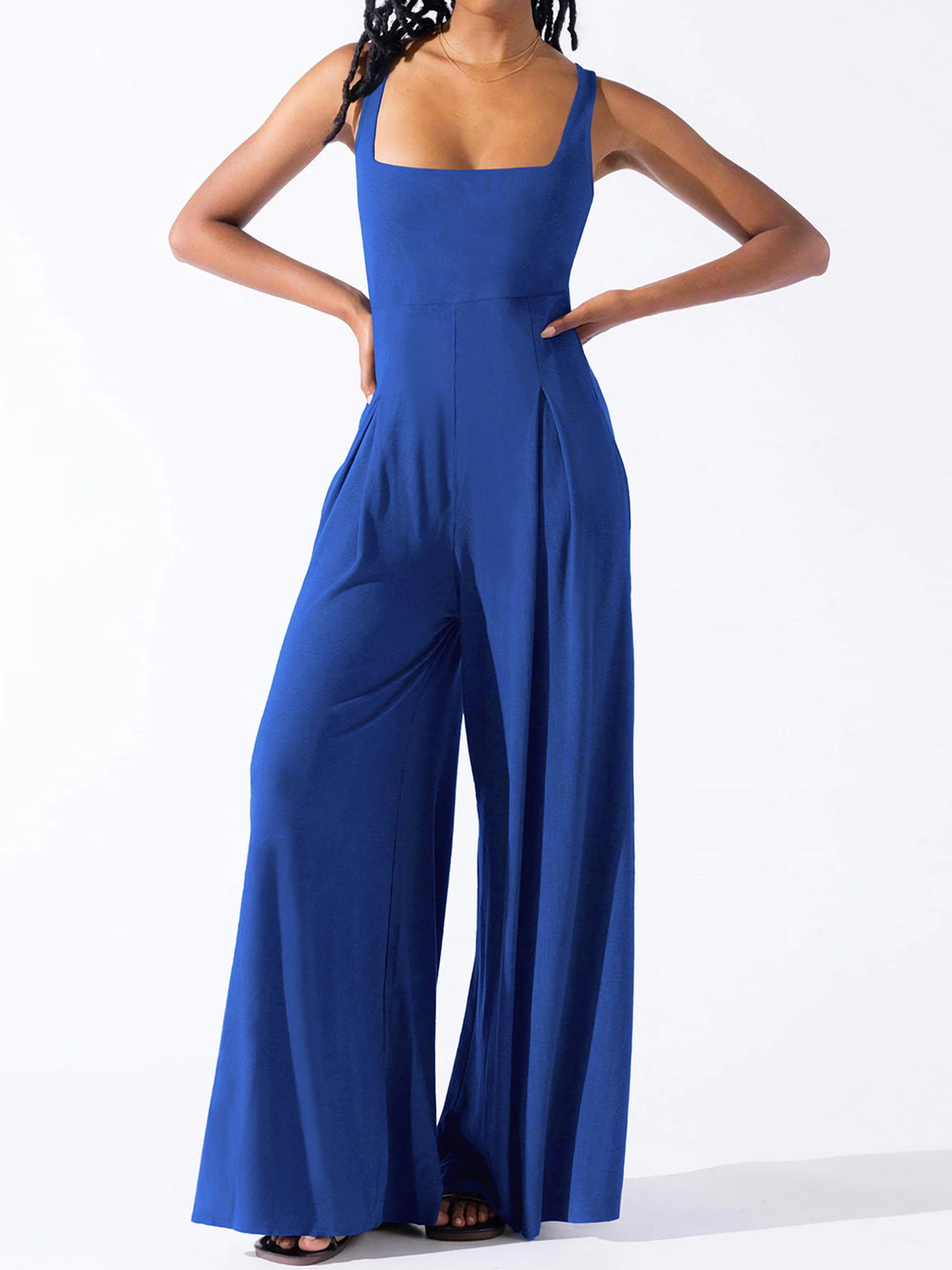 Royal blue square neck palazzo jumpsuit with wide legs and pleat detail