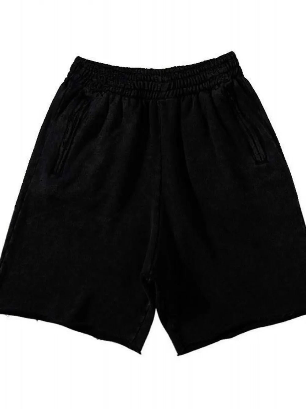 Black relaxed fit shorts with raw hem and elastic waistband.