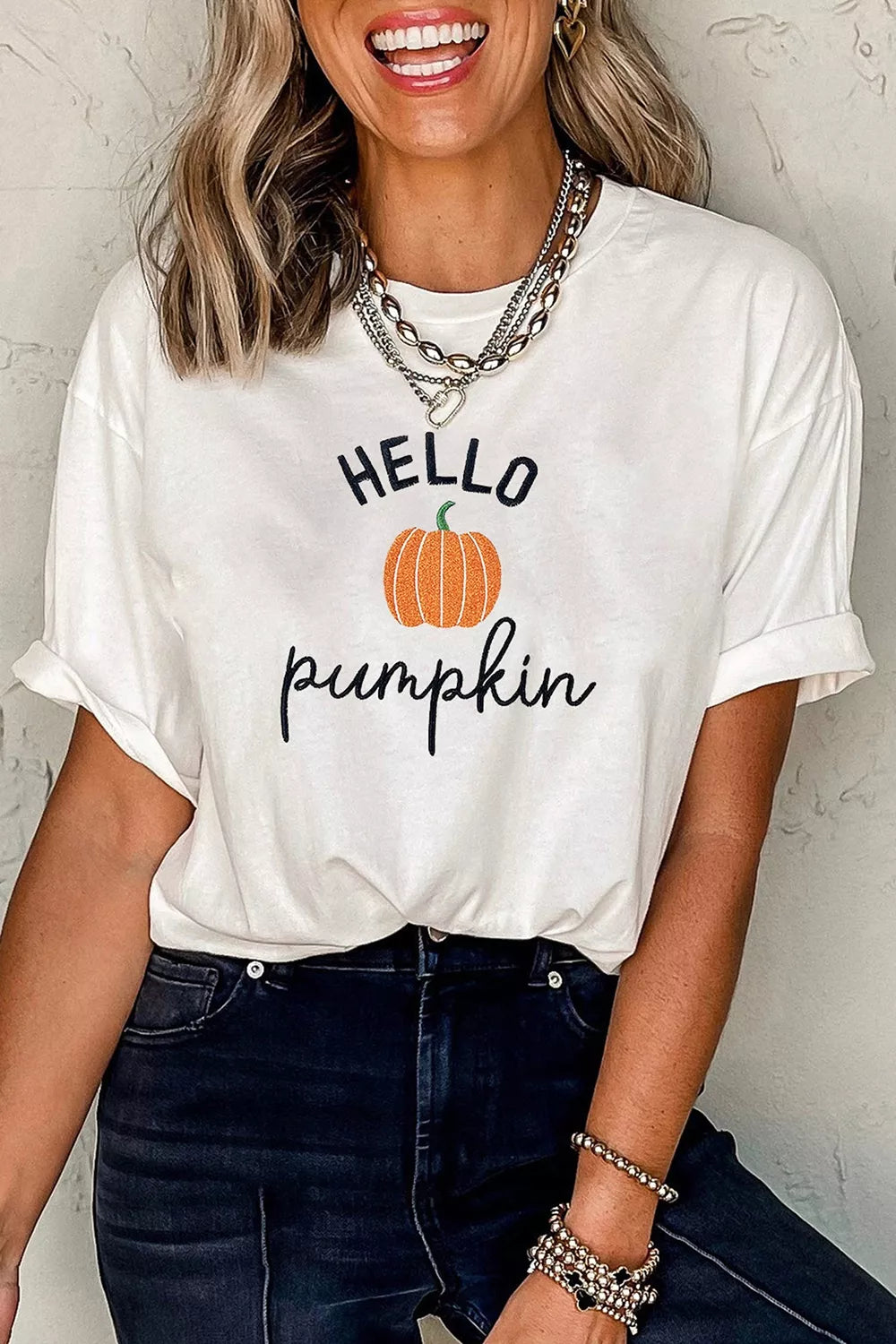 Embroidered Pumpkin Slogan Short Sleeve T-shirt, front view