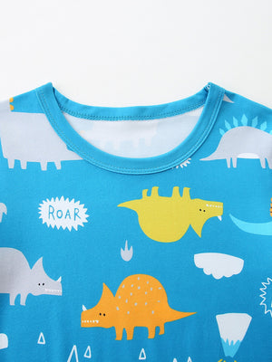 Kids blue dinosaur print pajama top with round neckline and short sleeves.