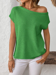 Green off-the-shoulder knit tee with short sleeves, boat neckline, and casual fit.
